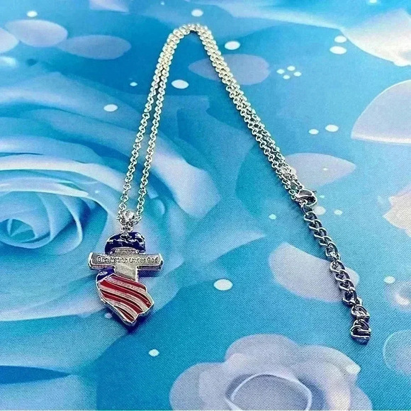 American Flag Cross One Nation Under God Pendant Stylish Unisex Silver Necklace - Picture 6 of 9